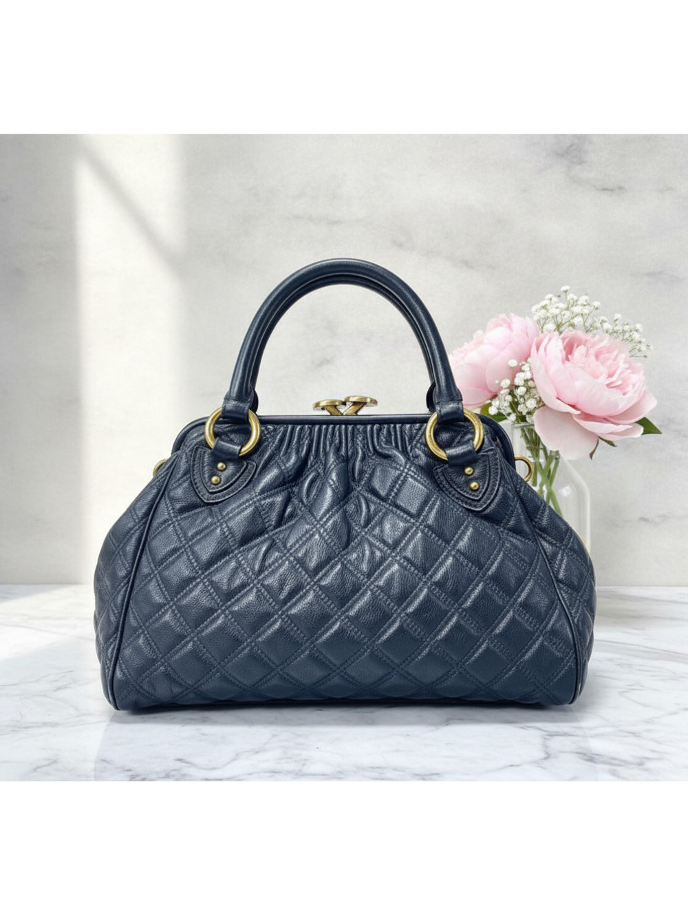 Marc Jacobs Quilted Leather Handbag Satchel Gold Hardware Navy Blue Bag *As Is!*